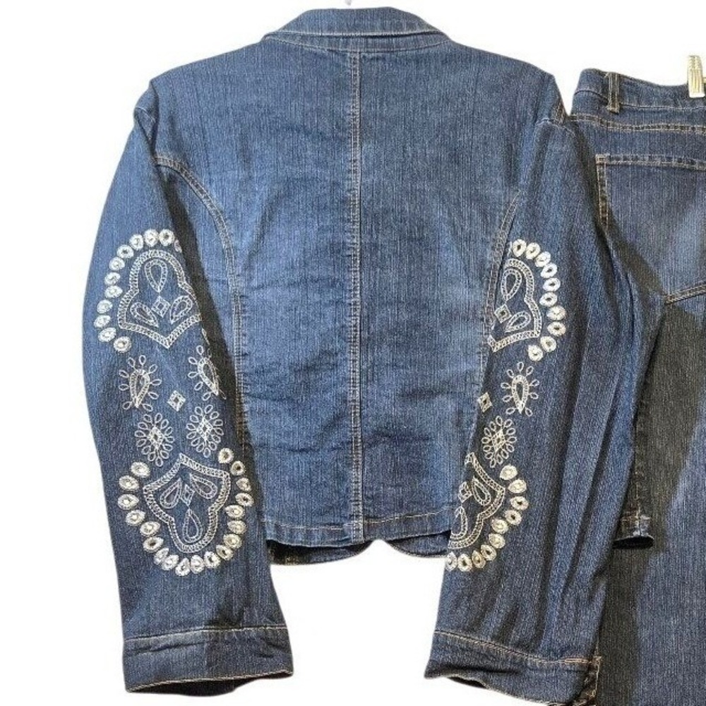 Jamie Nicole Women Embroidered Denim Jacket Pants Set Ramie Cotton Blue 24 - Picture 5 of 10
